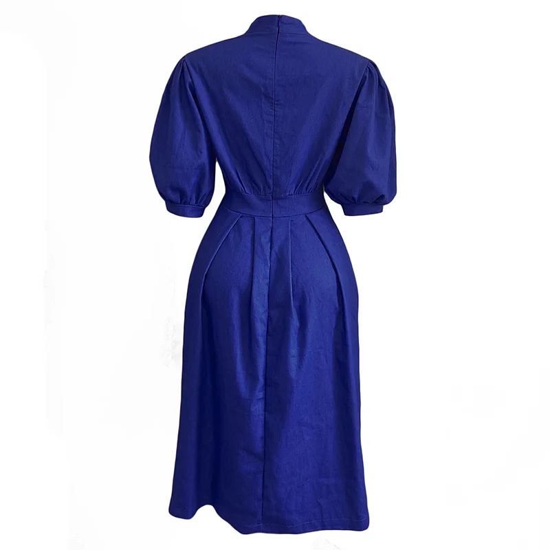 Summer Clothes for Women Dark Blue O-Neck Puff Half Sleeve A-line Skirt High Waist Zipper Plus Size Elegant Mid-Calf Dresses