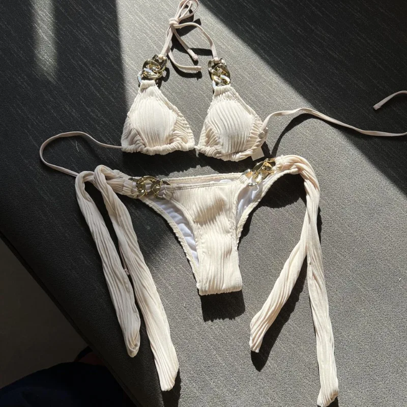 Women's 2 Piece Chain Linked Halter Triangle Tie Side Bikini Sets Swimsuit Beachwear