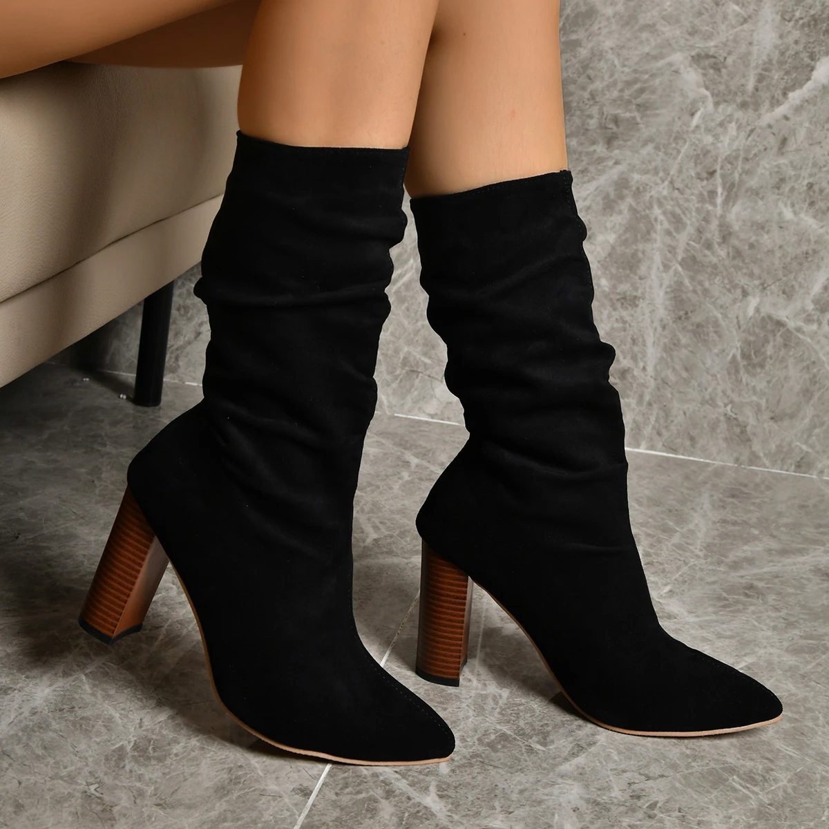 Winter Mid Calf Women Boots Fashion Fold Thick Heels Pointed Toe Western Boots Sexy Slip on Boots for Lady Shoes boots