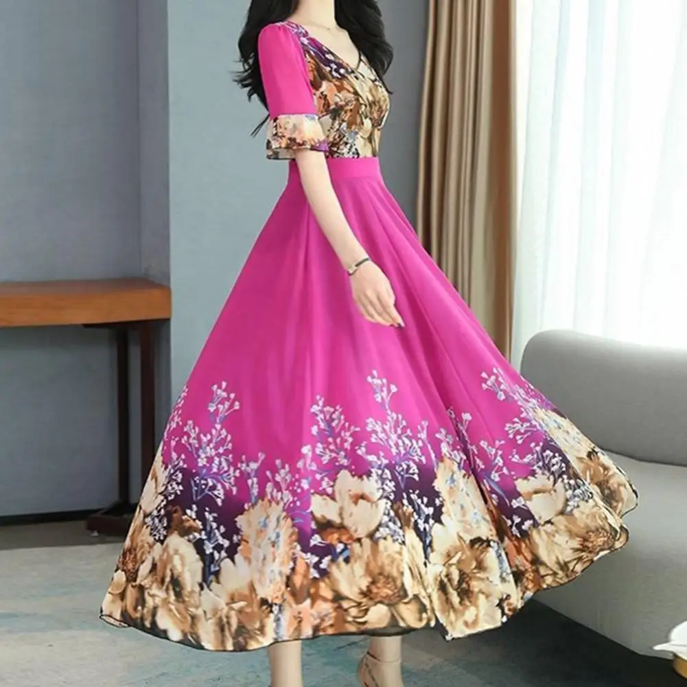 

Lightweight Popular Visual Experience Floral Print Women Dress Polyester Long Dress V Neck for Going Out