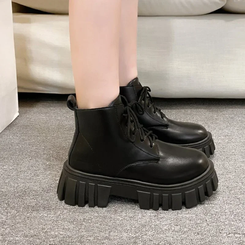 

2023 White New Women Ankle Boots Autumn Winter Platform Zipper Women Punk Boots Thick Sole Lace Up Combat Booties Female Mujer
