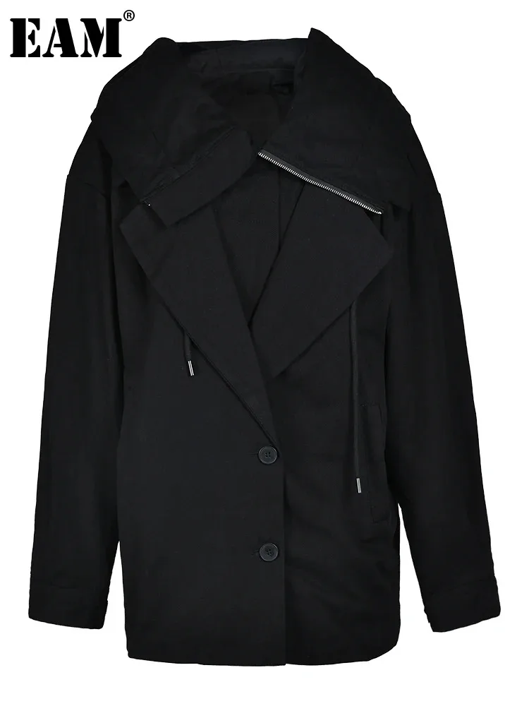 

[EAM] Loose Fit Black Big Size Layers Spliced Jacket New Hooded Long Sleeve Women Coat Fashion Spring Autumn 2024 1DF111501