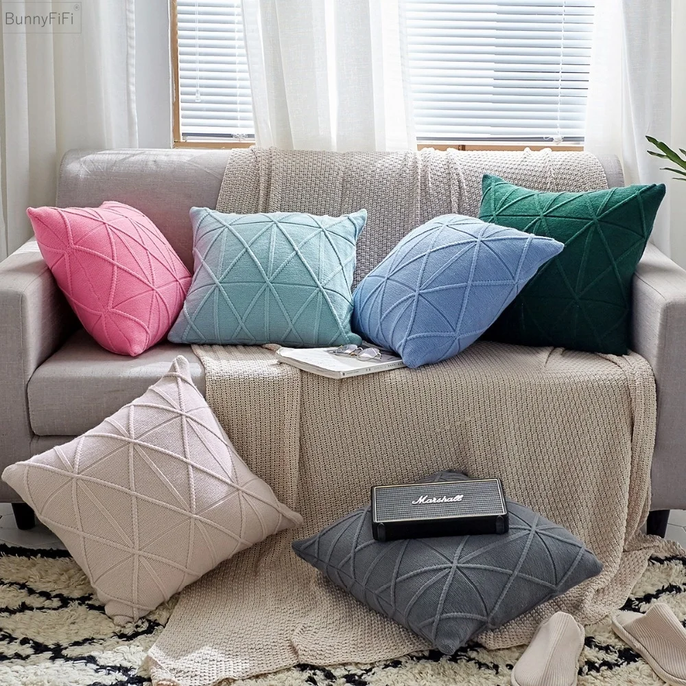 

Vintage Pillow Cover Solid 18" Cover Double Cable Knit Cushion Green Blue Pink Grey Ivory 45cm*45cm Soft 12 colors for choose