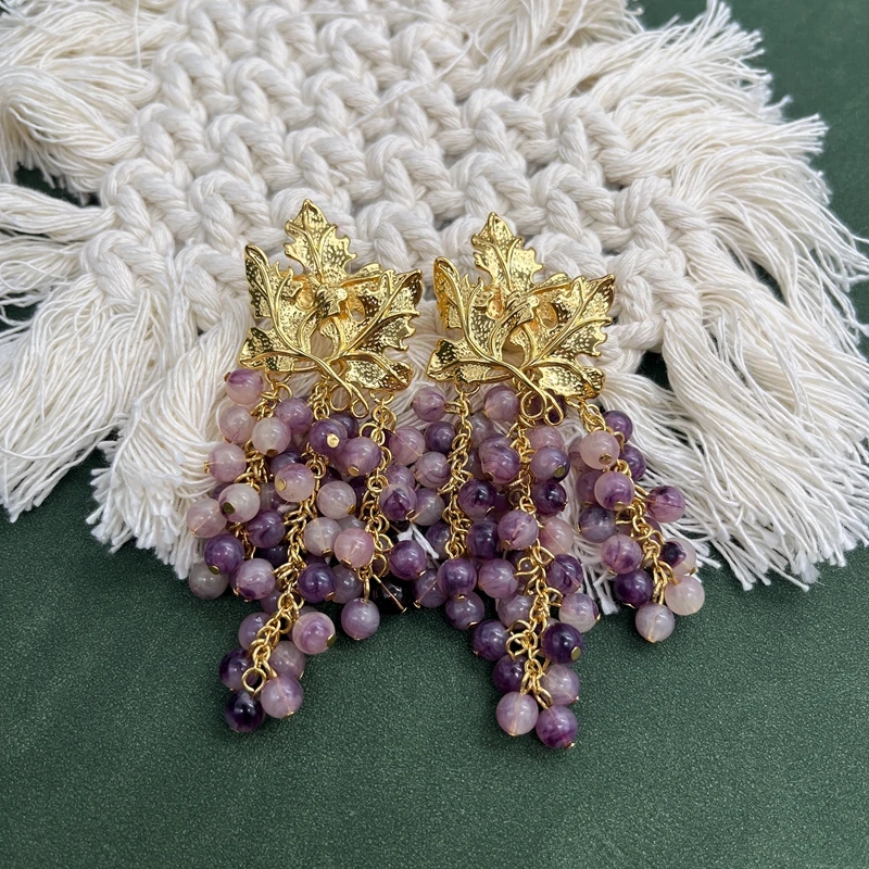 Grape Shape Woman Earrings Marble Purple Resin Beads Tassel Pendant Statement Stud Accessories
