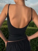 Women's Sexy Backless Spaghetti Strap Cami Top Stretchy Polyester Spandex Blend Slim Fit Sleeveless Shirt for Summer Party - Image 3