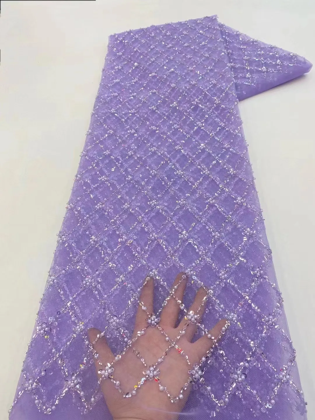 

2023 Fashion Elegant French Embroidery Checkered Beaded Lace Fabric African Nigerian With Sequins Fabric For Wedding DressQF0768