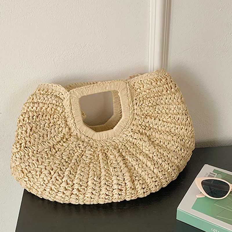 Woven Straw Bag Moon Large Capacity Purse and Handbag For Women Beach Basket Bags Fashion Travel Shoulder Shopper Totes