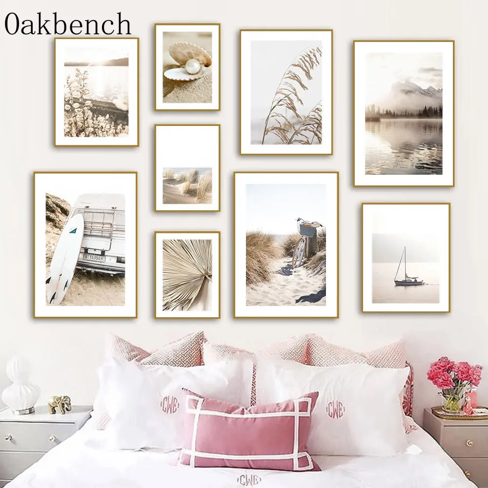 

Beige Reed Wall Paintings Surfboard Beach Canvas Poster Lake Mountain Leaf Print Pictures Nordic Wall Posters Home Decoration