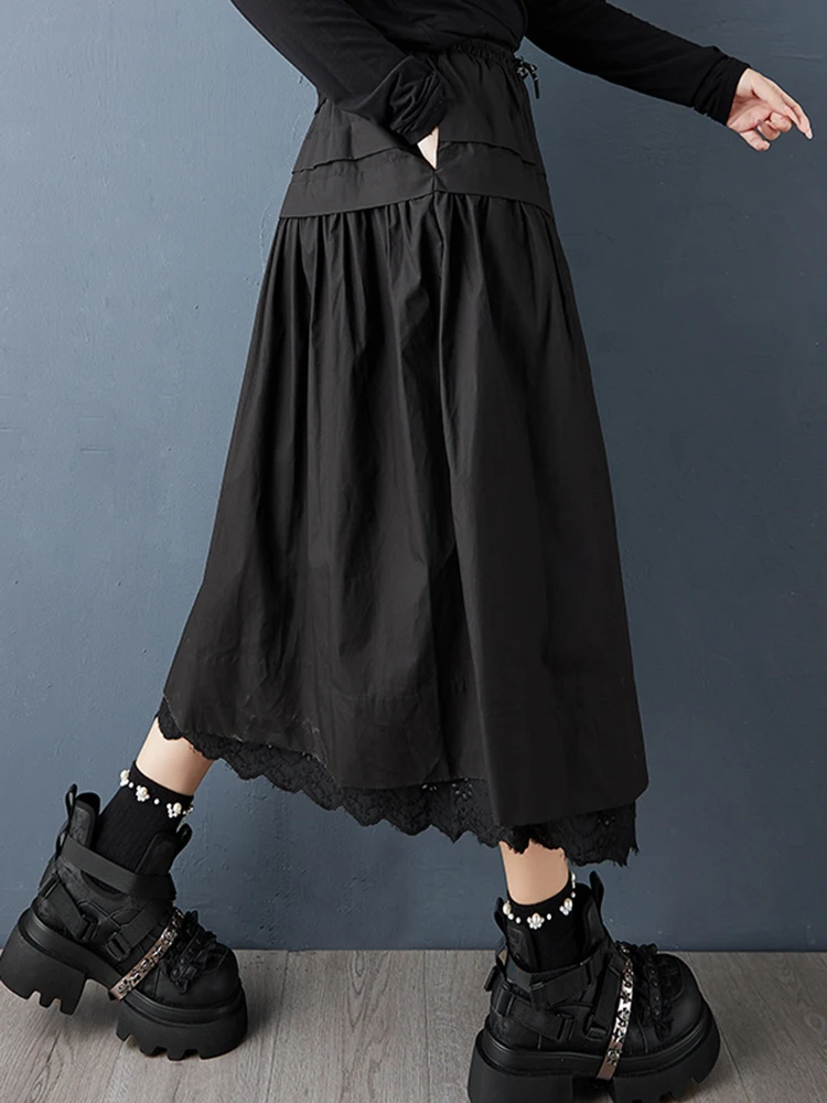 Black Vintage Spliced Lace High Waist Skirt Women New Plus Size Fashion Loose Casual Long Skirts Clothing Sping Autumn 2025