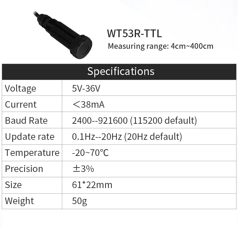 WT53R Time-of-Flight (ToF) Laser Ranging Sensor Module, VL53L1X Distance 400cm, RS485 Modbus/TTL, TOF050F TOF200F image 6