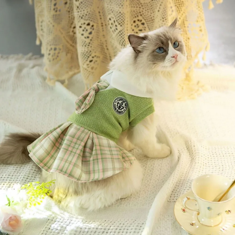 영국식 대학 스타일 고양이 셔츠 스커트 나비넥타이 편안한 애완 고양이 드레스 폴리에스터 핑크 블루 그린 강아지 체크무늬 스커트 봄 시즌