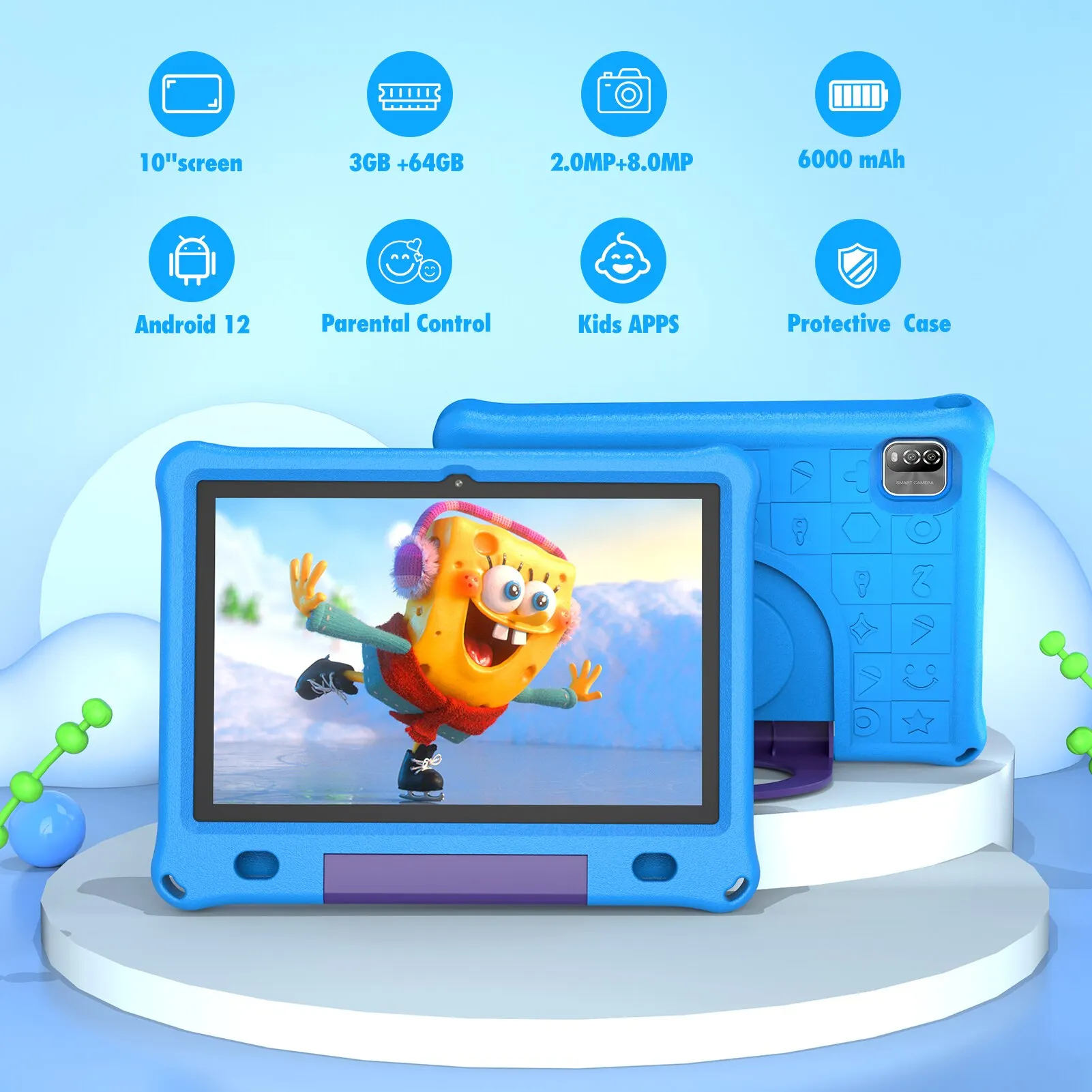 Pritom 10.1 Inch Kids Tablet Android 12 WIFI 6 Quad Core Processor 3GB RAM 64GB ROM YouTube with EVA Protective Case