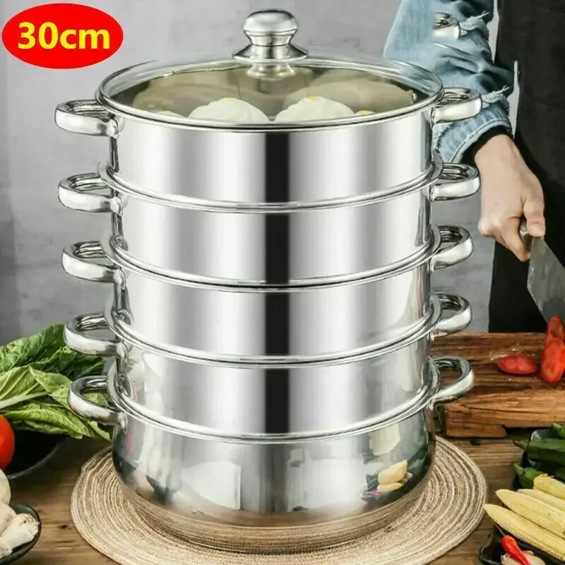Samger 304 Stainless Steel 5 Tier Steamer Cooker Steam Pot Kitchen Food Cooking + Glass lid