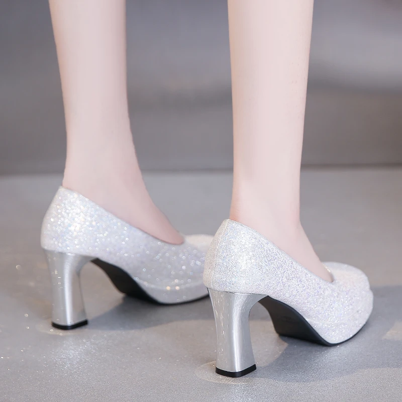 Aphixta 7cm Square Heels Silver Pump Women Luxury Wedding Pumps