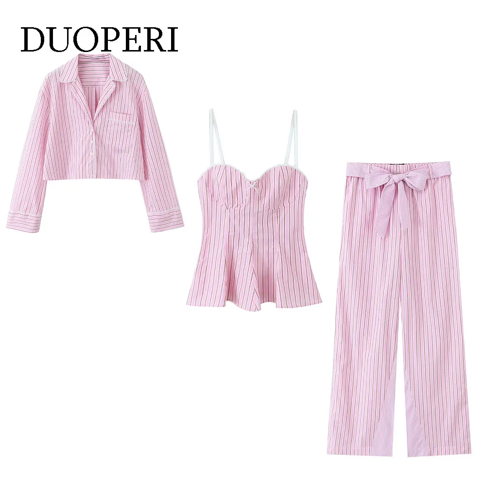 DUOPERI Conjuntos de 3 piezas de moda Y2K para mujer, camisa y pantalones a rayas rosas con cinturón y tirantes finos, conjuntos de pantalones elegantes para mujer