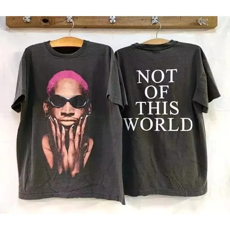 Frühling/Sommer Retro 90er Dennis Rodman Bedrucktes Schwarzes Kurzarm Unisex T-Shirt mit Europäischem und Amerikanischem Baumwoll-Buchstabenmuster