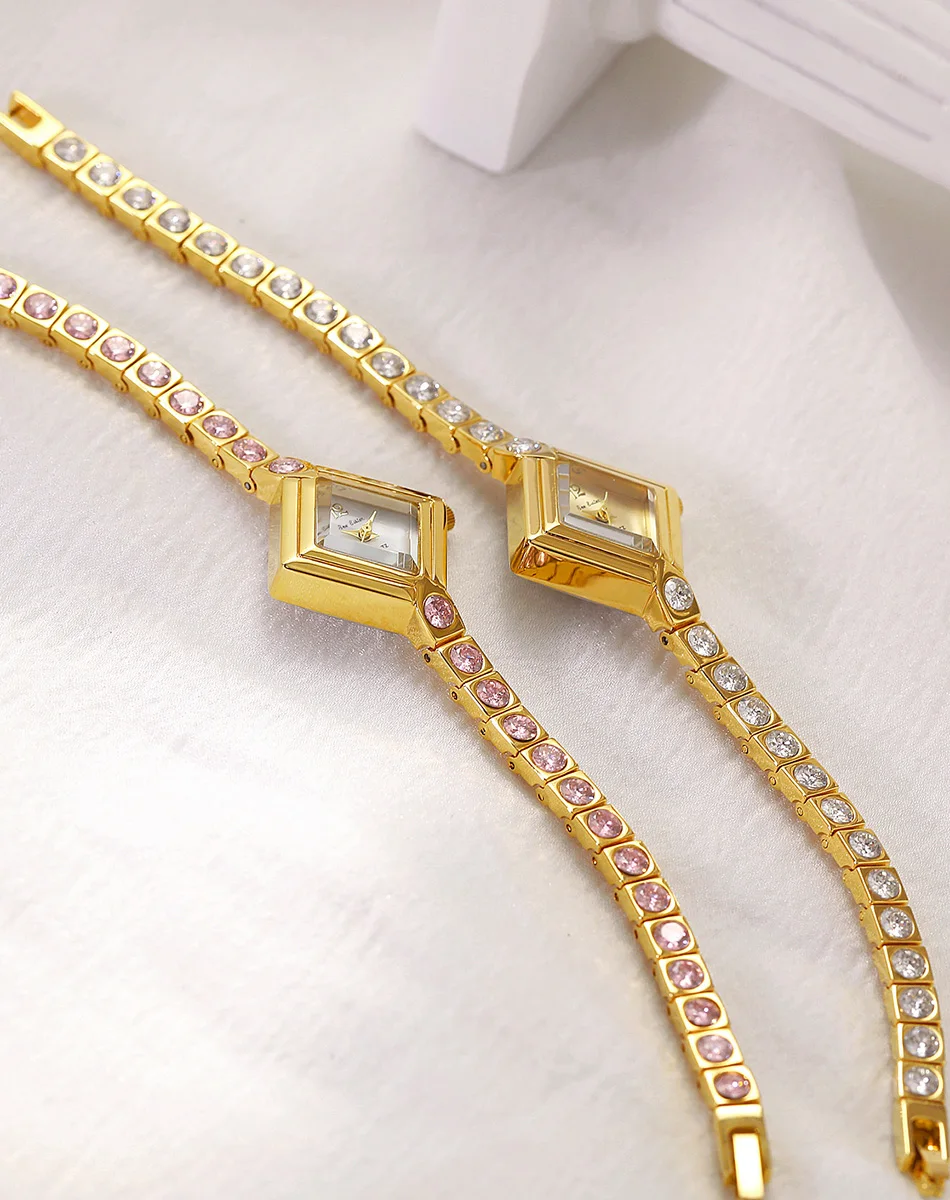Luxus Mode Quarz Damenuhr Elegante Exquisite Rosa Strass Armband Täglich Tragen Kleid Frauen Quadratische Uhren Golden – Detail 6