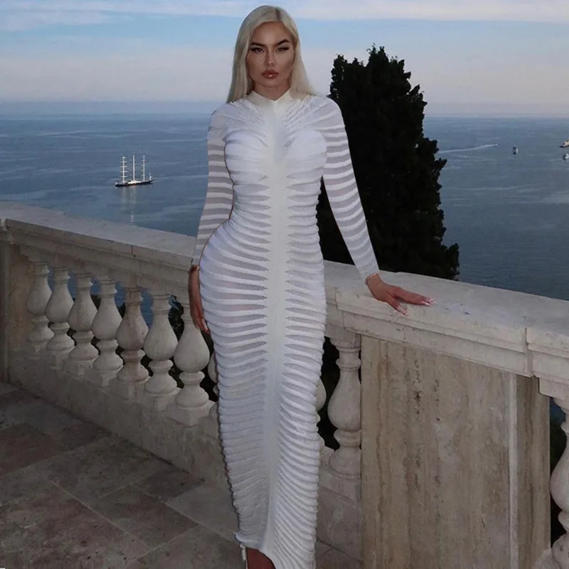 

Women New Y2K Sexy&High Street Long Dress Knitted V-neck Hollow Out Long Dress Waist Maxi Dresses Long Sleeve Slim Dress 2023