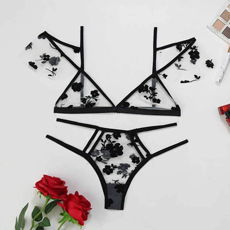 Women's Ultra-thin Cup Bra &amp; Brief Sets Mesh Lace Underwear Set Transparent Beauty Back Hollow Embroidery Lingerie Set