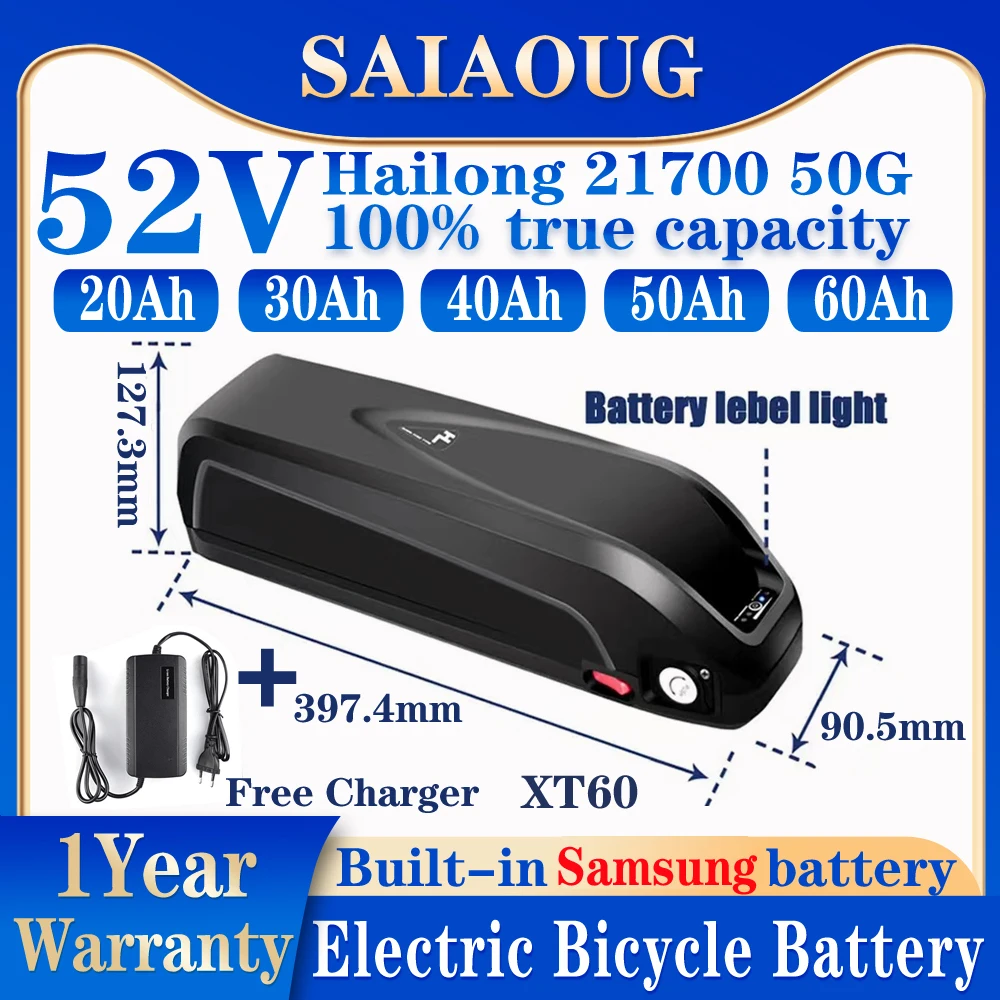 

21700 DownTube Ebike Battery Hailong 36V 48V 52V 20Ah 30Ah 50Ah 60AH Lithium Pack for Bafang 1500W 1000W 250W 500W 2000W