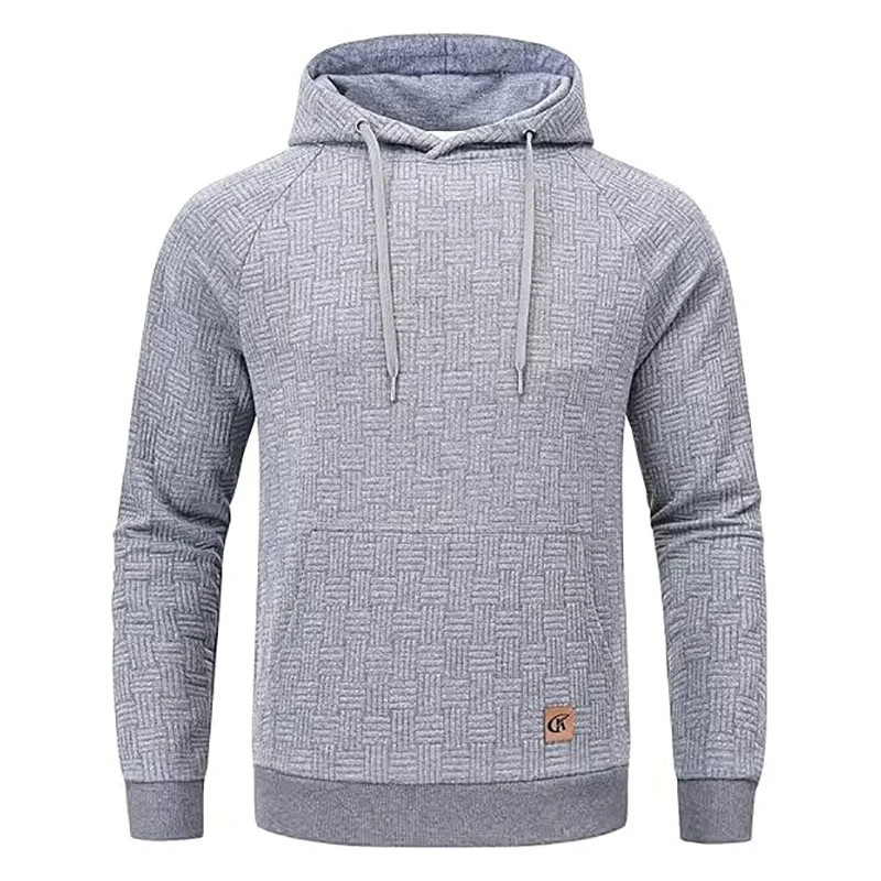 Men's Casual Hoodies Long Sleeve Plaid Jacquard Pullover Drawstring Kanga Pockets Casual Fashion Hooded Sweatshirts Streetwear