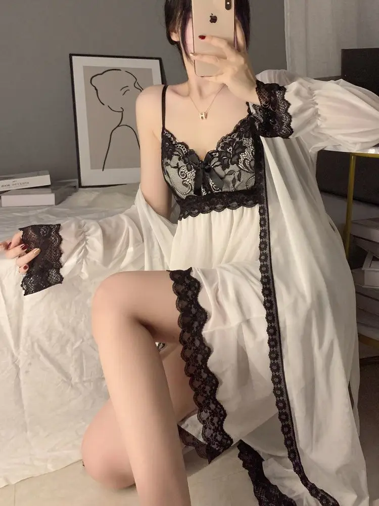 2pcs Nightgowns Women Sexy Lace Nightdress French Fairy Court Pajamas Sleep Home Dressing Gown Summer Pajama Sleepwear Nightwear