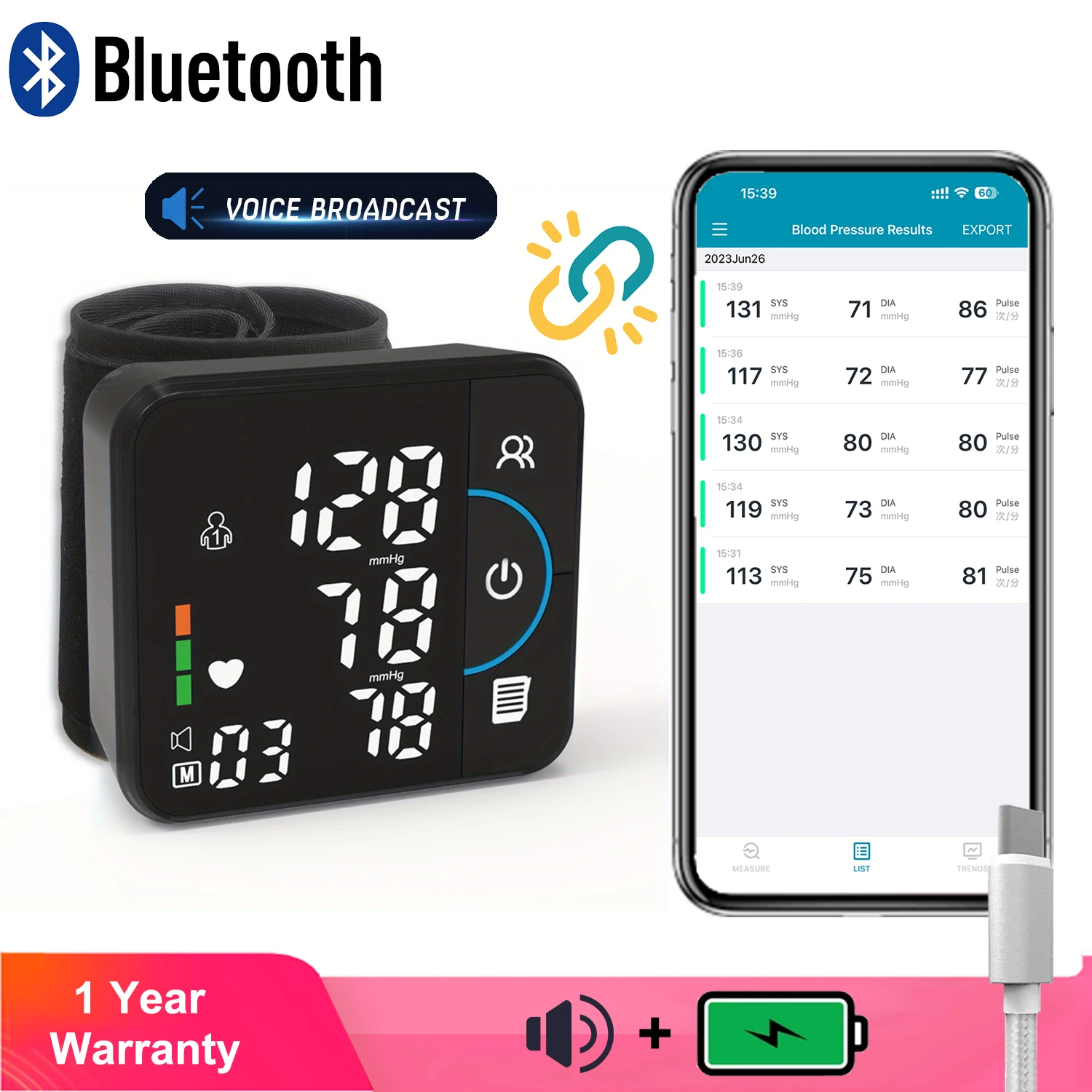 Monitor de presión arterial con carga Bluetooth, esfigmomanómetro de voz West, almacenamiento de datos inalámbrico, detección de arritmia
