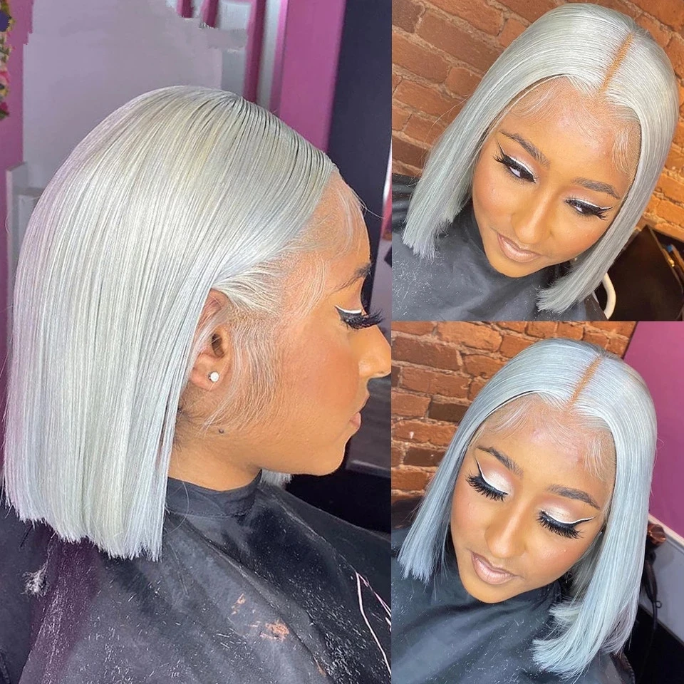 Silver Grey Short Bob Wig Human Hair Brazilian Straight Lace Front Wigs Pre Plucked For Women 13x4 Transparent Lace Frontal Wigs