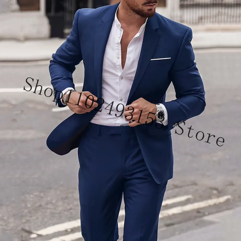 

Navy Blue Men Suits Slim Fit 2 Pcs Groomsmen Bridegroom Wedding Tuxedos Casual Groom Wear Blazer Pants Costume Homme Mariage