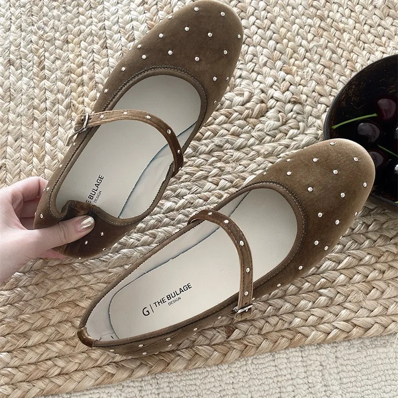 Rivet Decor Velvet Mary Janes Shoes Women Round Toe Elegant Ballet Flats Shoes Ladies Buckle Strap Spring Autumn Loafers New 3