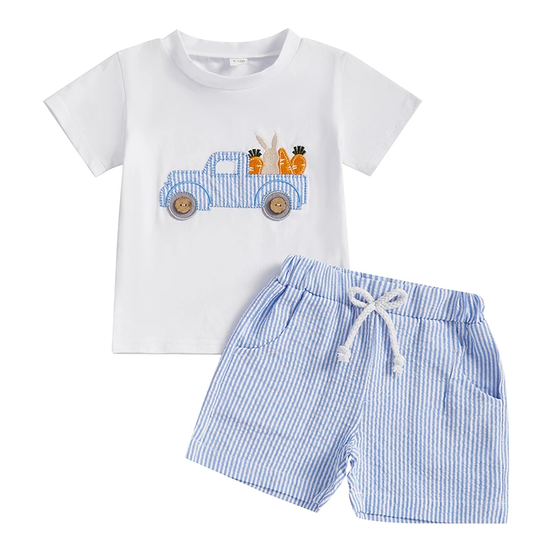Baby Boy Outfits Baby Outfits Easter Outfit Toddler Boy Summer Clothes Carrot Cart Short Sleeve T-Shirt Plaid Shorts Set Cute Easter Baby Boy Outfit