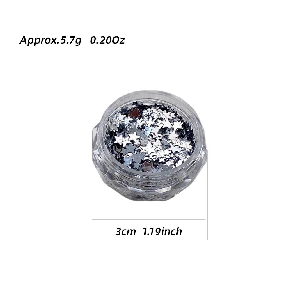 1 Box 3D-Silberstern-Nagelkunst-Pailletten, gemischte Größen, 1–3 mm, Starlight-Nägel, Glitzerflocken, glitzerndes Pentagramm, Maniküre, Pailletten-Dekor – Detail 1