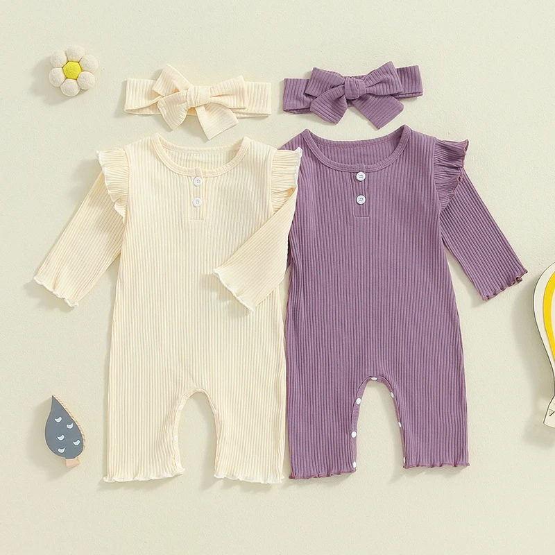 

2024-05-27 Lioraitiin Baby Girl Rompers Solid Color Buttons Crew Neck Long Sleeve Jumpsuits Fall Clothes Bodysuits with Headband