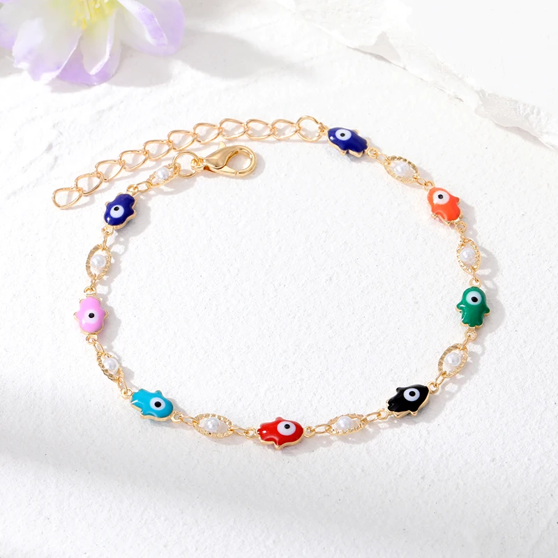 Beaded Bracelet Turkish Evil Eye Hamsa Hand Flower Beads Bracelet Women Boho Lucky Blue Eye Fatima Hand Adjustable Anklet Chain Wedding Jewelry