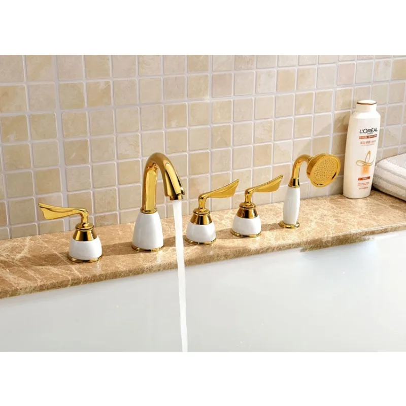 

Deck Mounted 5 Pcs Widespread Roman Tub Shower Faucet Bathtub Mixer Tap Gold & White Clour Free Ship