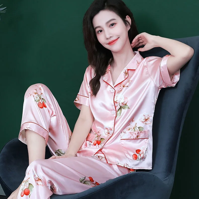 2024 Spring Summer New Women's Ice Silk Two Piece Set Pajamas Women's Short Sleeves Silk Thin Large Home Fury men s short sleeved trousers pajamas two piece set spring printed silk ice silk short sleeve long pants home clothes 2021