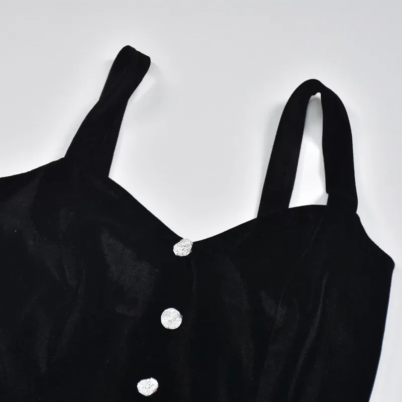 Black Velvet Playsuits Women Jumpsuit Spaghetti Strap Flocking With Buttons Rompers Fashion Elegant Sexy Party Outfits 2024 New