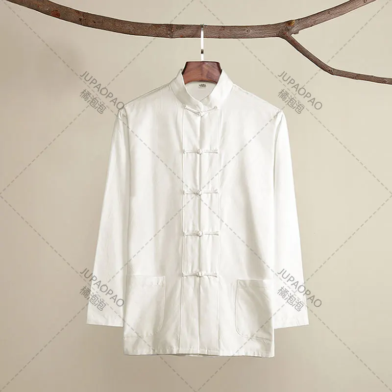 Cotton Traditional Chinese Tang Suit Top Clothes Men Long Sleeve Kung Fu Tai Chi Uniform Spring Autumn Shirt Blouse Coat