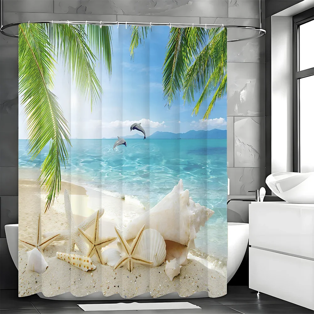Starfish Shell Shower Curtain, Ocean Beach Island Palm Tree Dolphin Starfish Shell Bathroom Decorative Shower Curtain, Waterproo 2