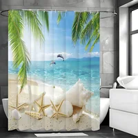 Starfish Shell Shower Curtain, Ocean Beach Island Palm Tree Dolphin Starfish Shell Bathroom Decorative Shower Curtain, Waterproo 2