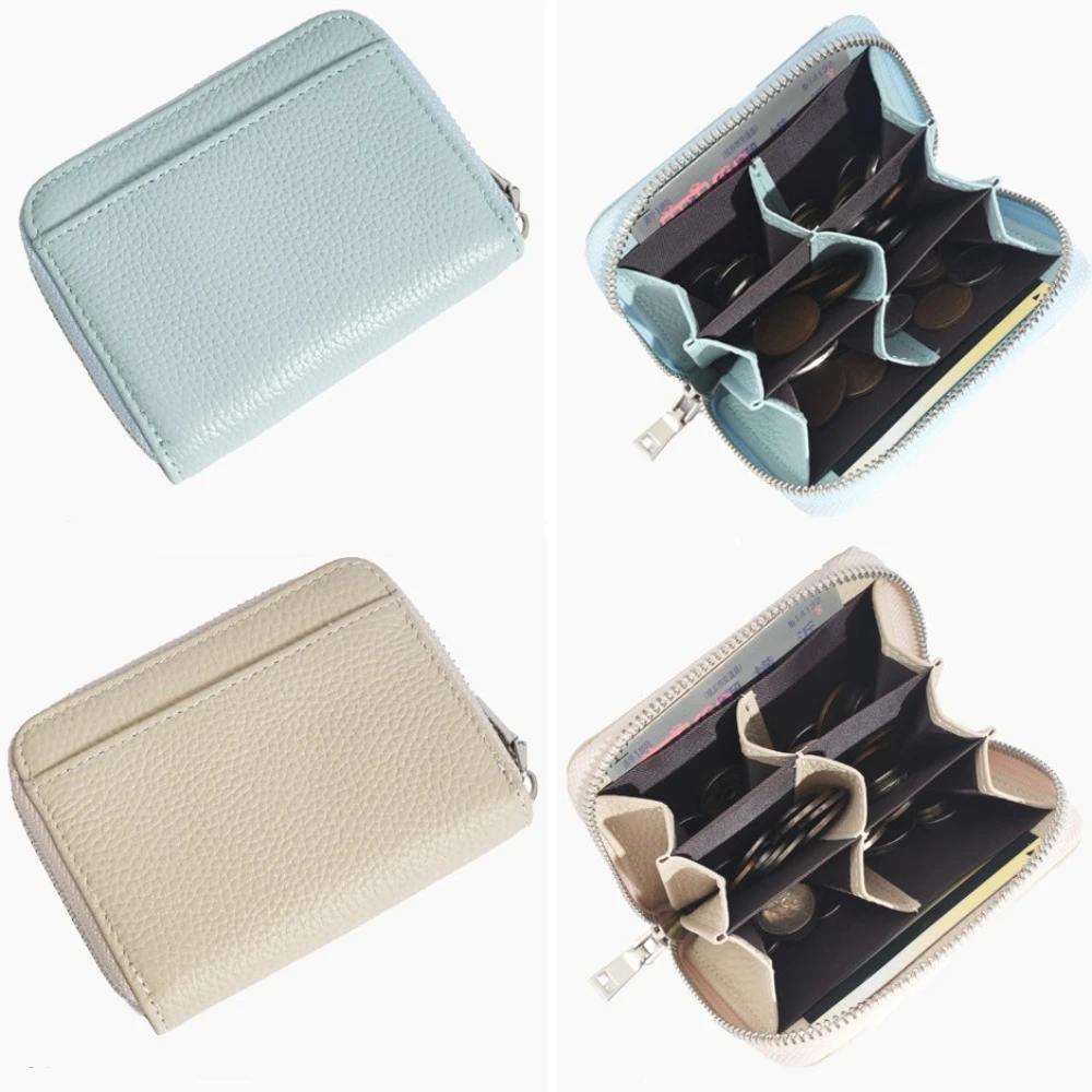 RFID Blocking Women's Card Bag Zipper Pocket Genuine Leather Credit Card Holders Large Capacity Soild Color Woman Short Wallet