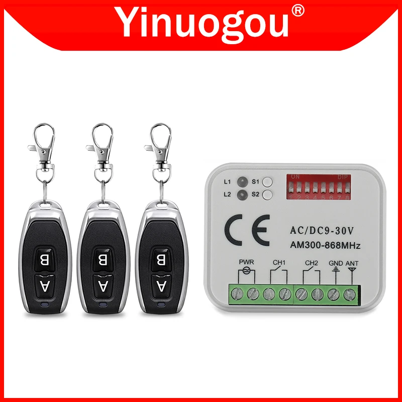 Garage Door / Gate Remote Control Receiver 300-868MHz AC/DC 9-30V Relay Universal RX MULTI 2 CH Switch For 433 868 MHz