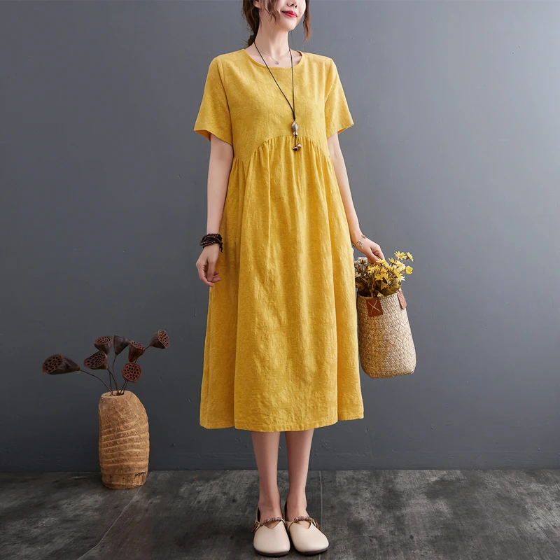 2024 New Arrival Japan Style Soft Cotton Linen Jacquard Loose Cozy Fashion Women Summer Dress Holiday Travel Casual Midi Dress