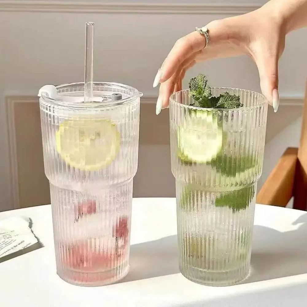 600ML Striped Glass Coffee Cup Glass with Straw and Lid for Water Coffee Tea Clear Drinkware heat resistant coffee glass cup heat resistant glass cup glass water cup glass cup