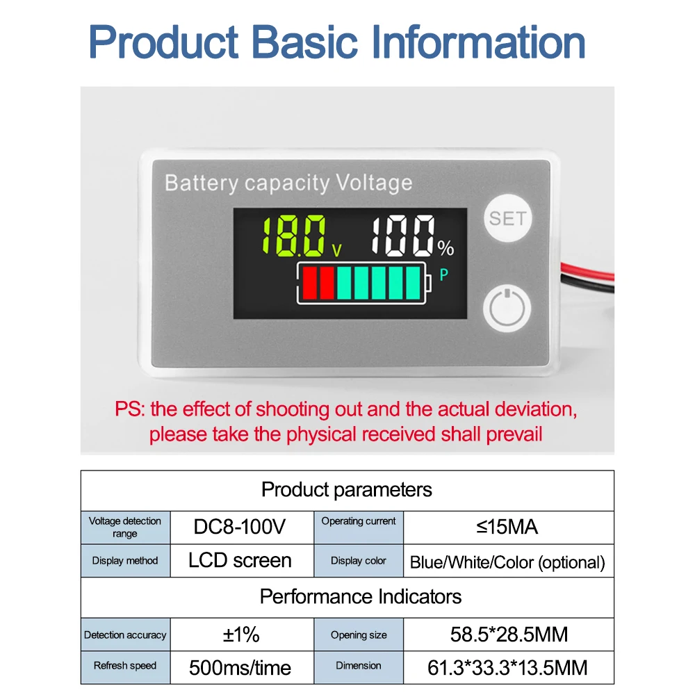 LCD Digital Voltage Meter with Battery Capacity Indicator, DC 8-100V