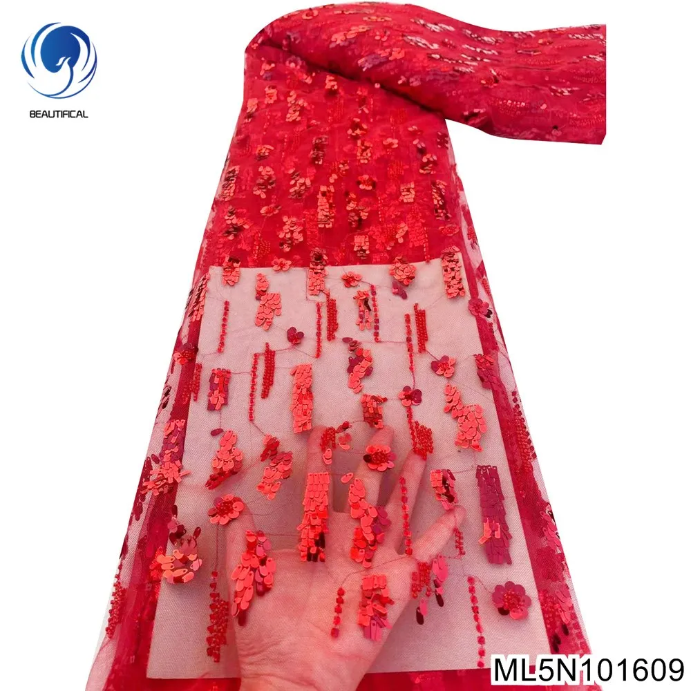 

2023 New Elegant African Lace High-quality French Tulle Sequin Red 100% Polyester Embroidered Fabric Luxury Party Dress ML5N1016