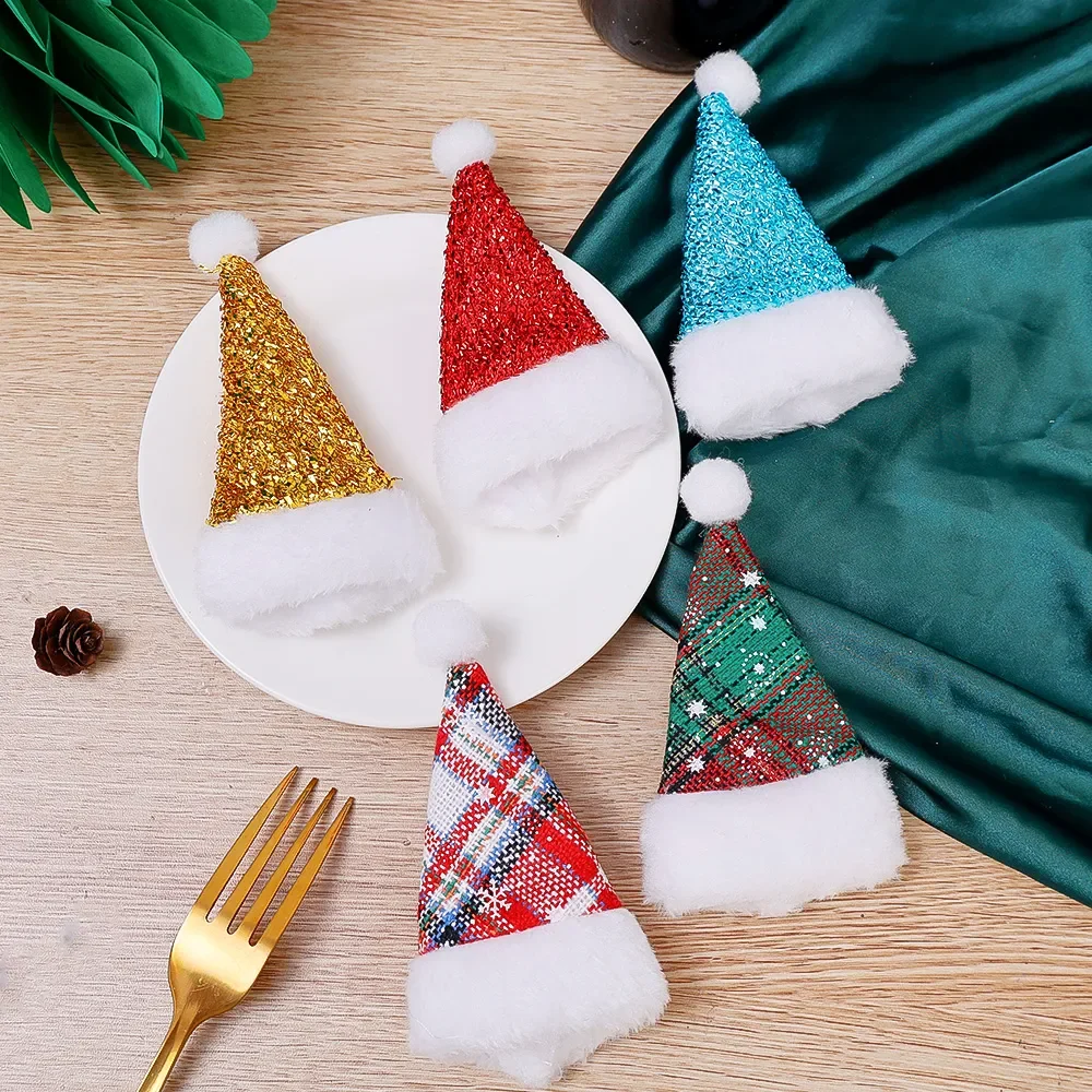 Description Picture 5 of item20/1Pcs Mini Santa Hats Wine Bottle Covers Fork Knife Cutlery Holders Bag Home Christmas New Year Party Table Decoration Gifts