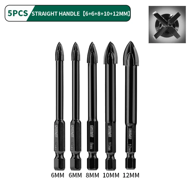 GREENER 3-12mm Four-blade Concrete Impact Glass Drill Cross Hex Tile Drilling Bit Special For Hexagonal Shank Hard Alloy Tri 6-12mm 5pcs