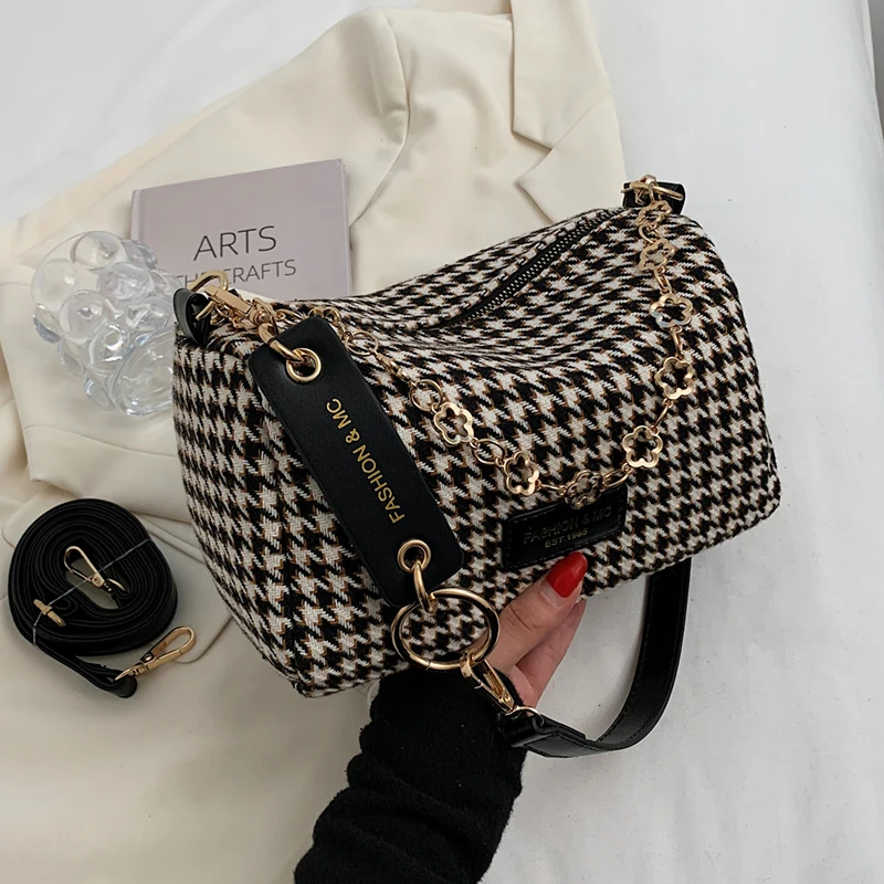 

Small Chain Houndstooth Shoulder Crossbody Bags Woolen Cloth Luxury Designer Women 2023 hit Winter Handbags and Purse Branded