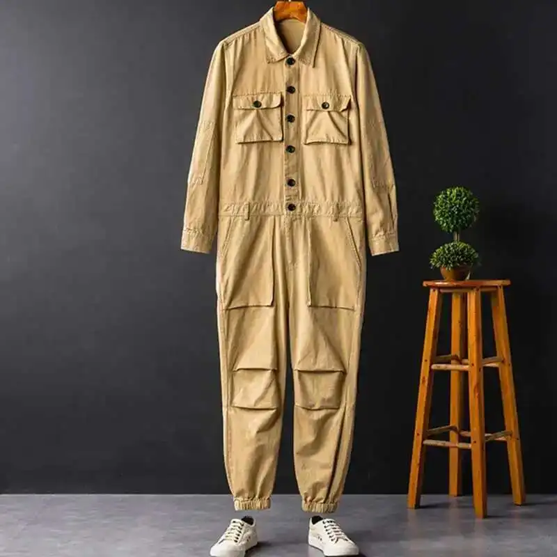 IEFB Men's Jumpsuit Long Sleeve Workwear Single Breasted Lapel Cloth New Summer Autumn Male Trousers Trendy Menwear 9C600 men rompers